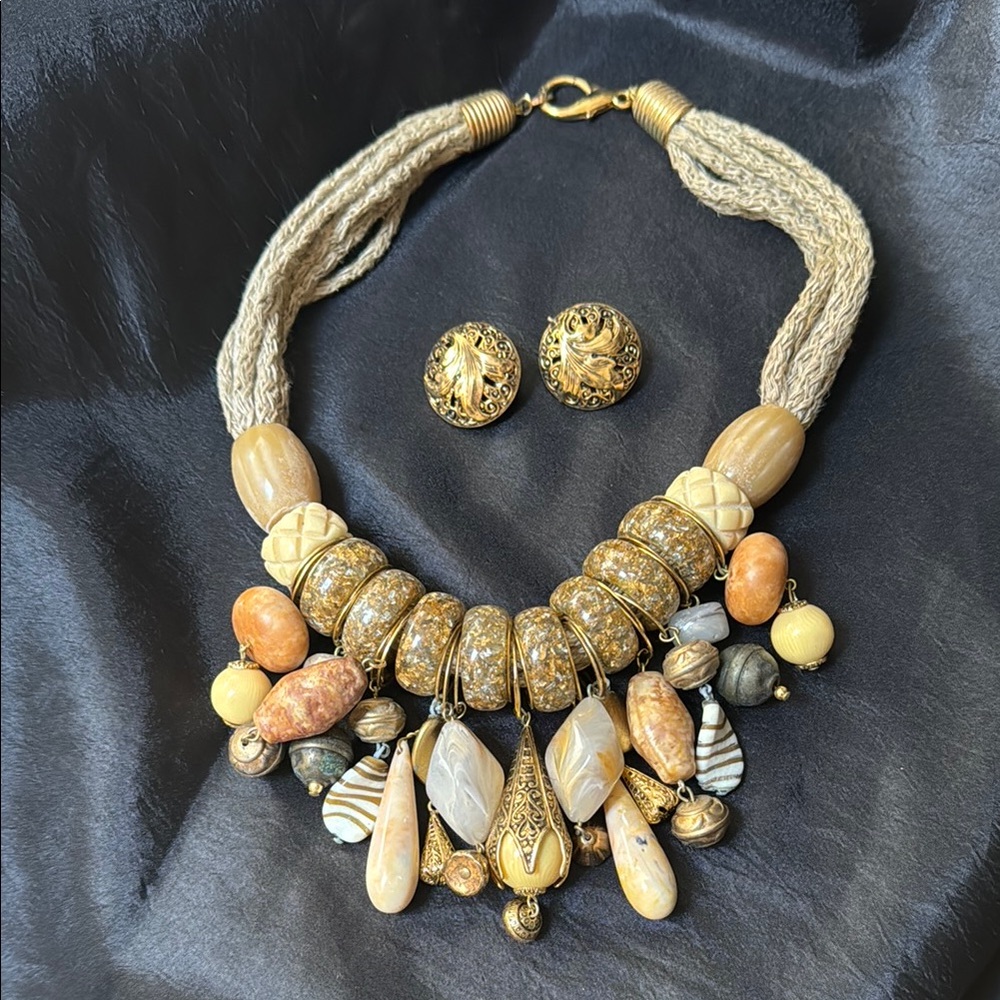 Bohemian Statement Necklace and Earring Set - Gold Toned and Tan